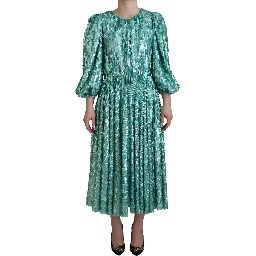 Blue Sequined Pleated Aline Midi Nylon Dress