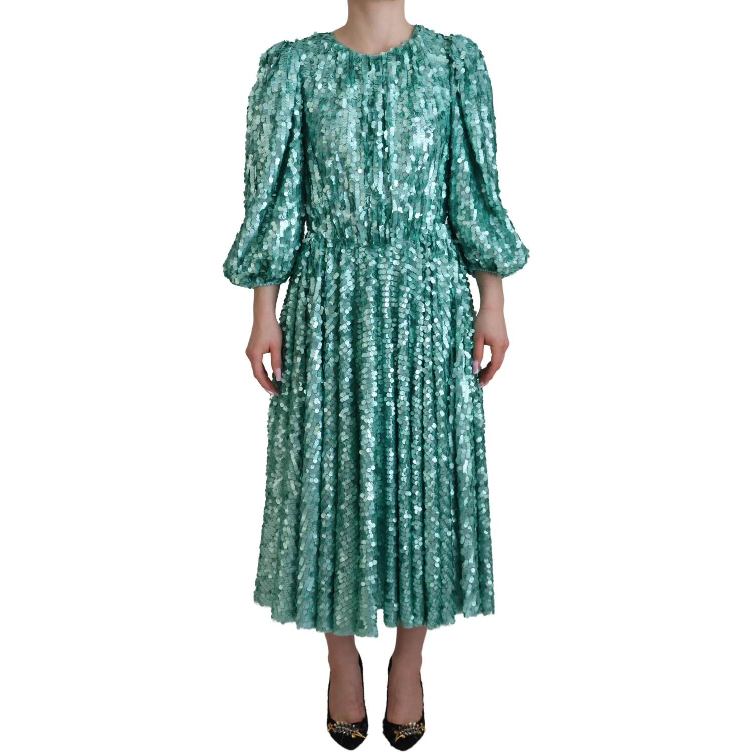 Blue Sequined Pleated Aline Midi Nylon Dress