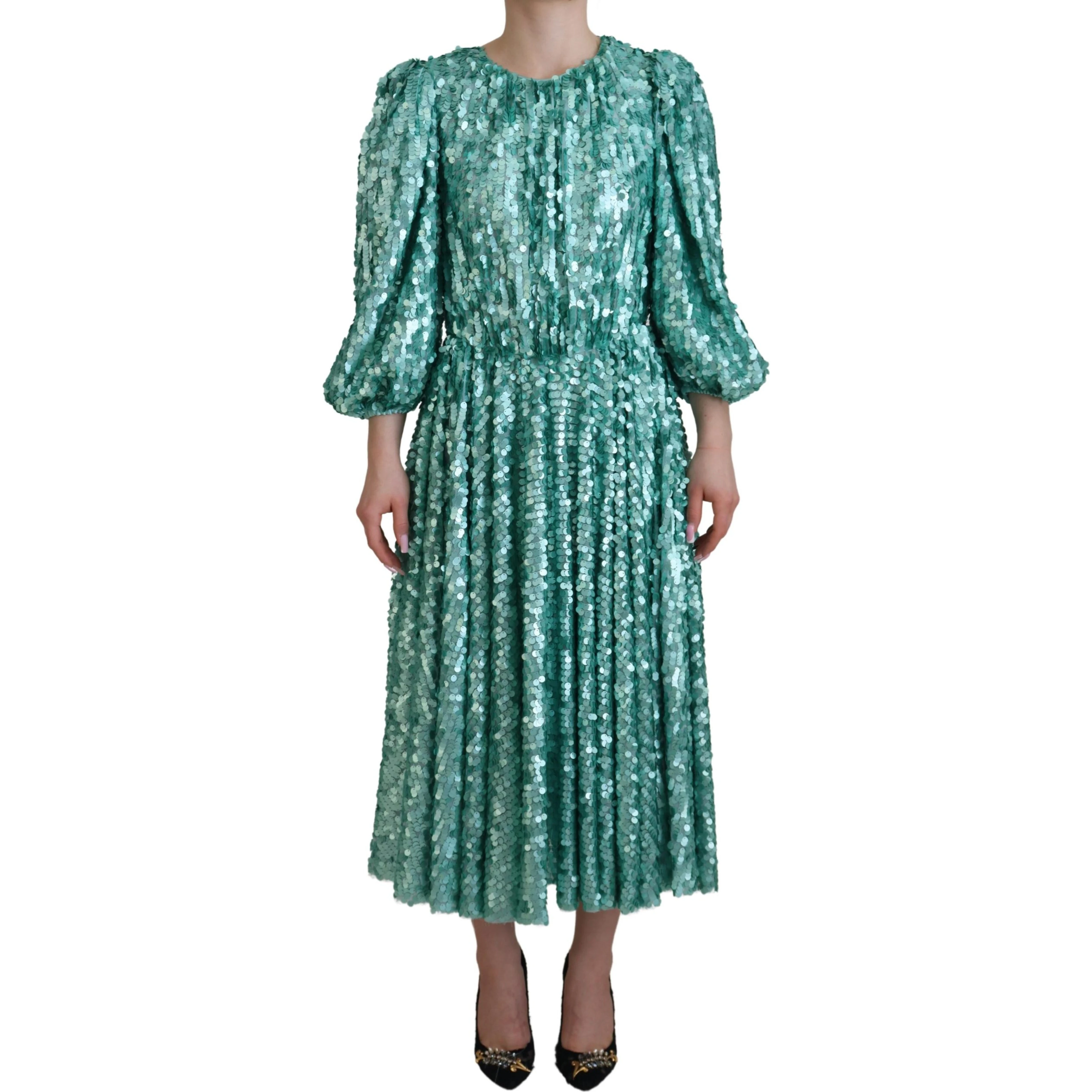 Blue Sequined Pleated Aline Midi Nylon Dress