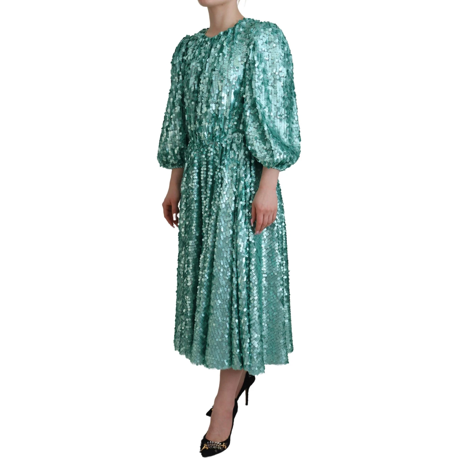 Blue Sequined Pleated Aline Midi Nylon Dress