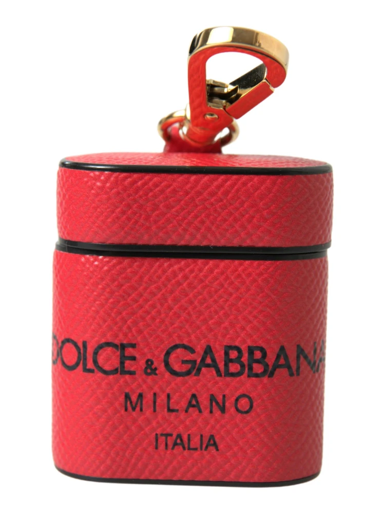 Red Black Calf Leather Logo Print Strap Airpods Case