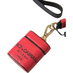 Red Black Calf Leather Logo Print Strap Airpods Case