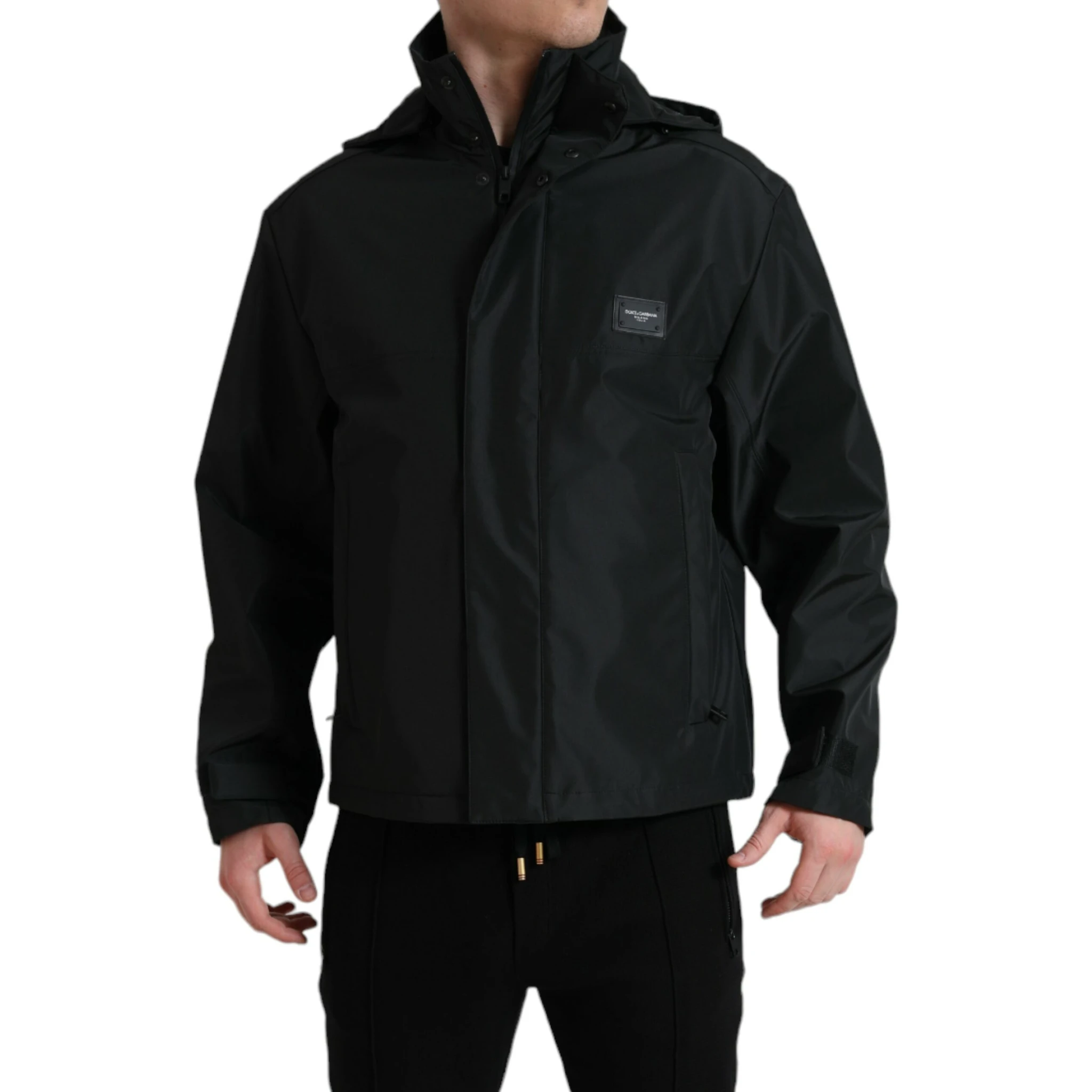 Black Polyester Logo Plaque Hooded Jacket