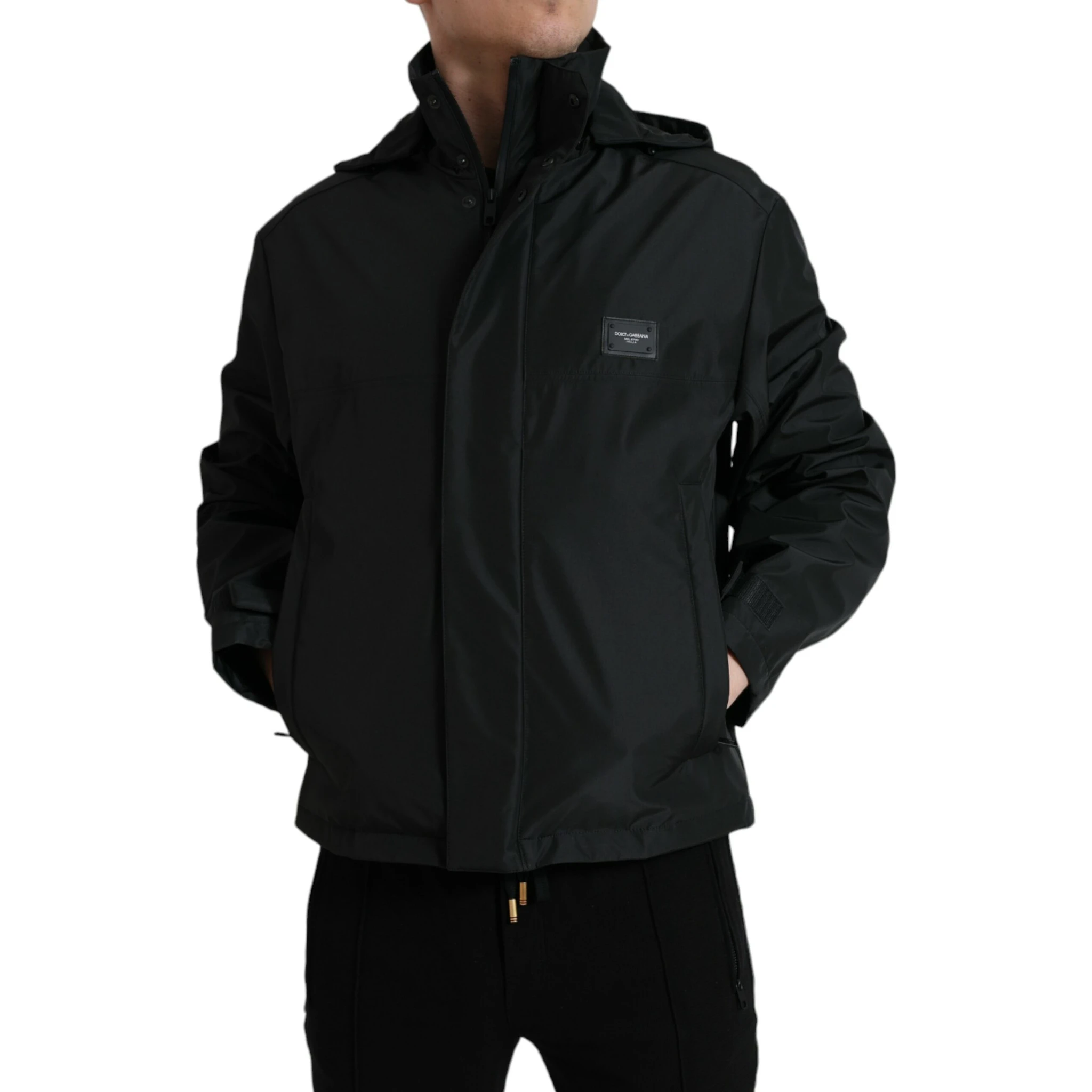 Black Polyester Logo Plaque Hooded Jacket