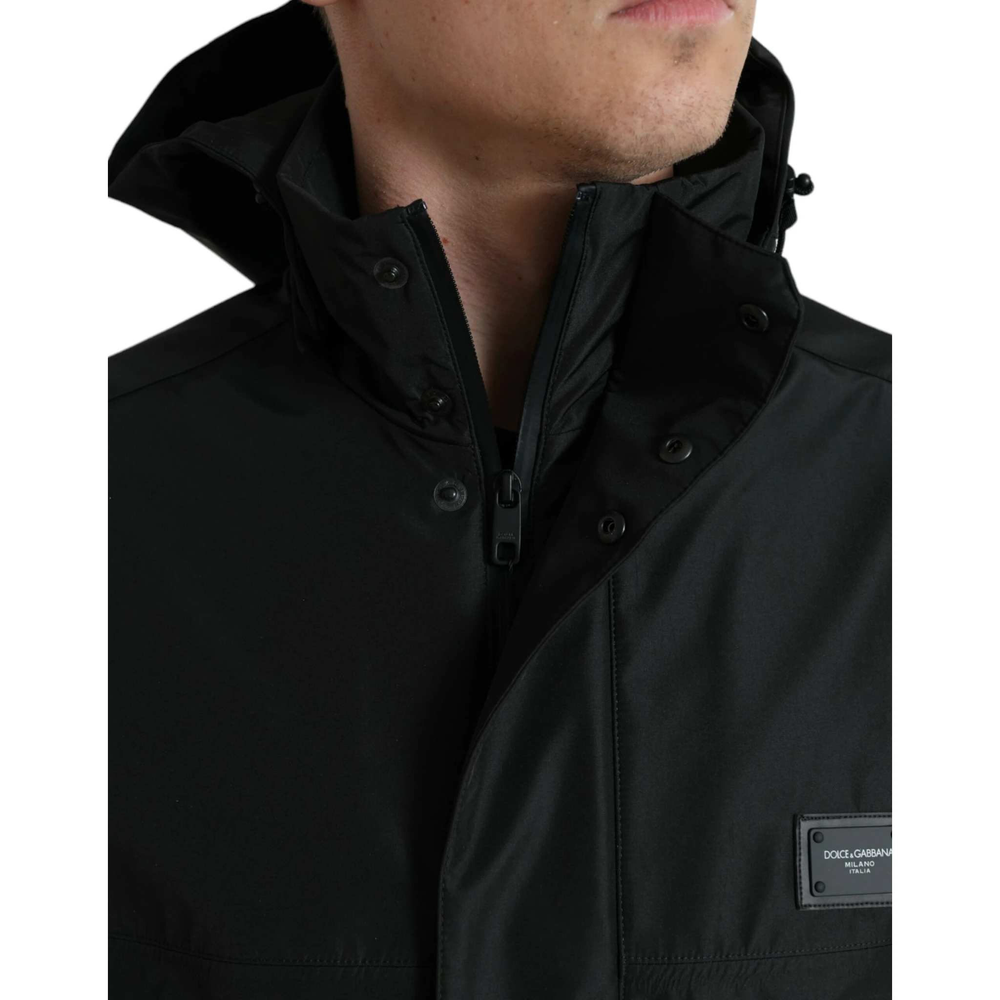 Black Polyester Logo Plaque Hooded Jacket