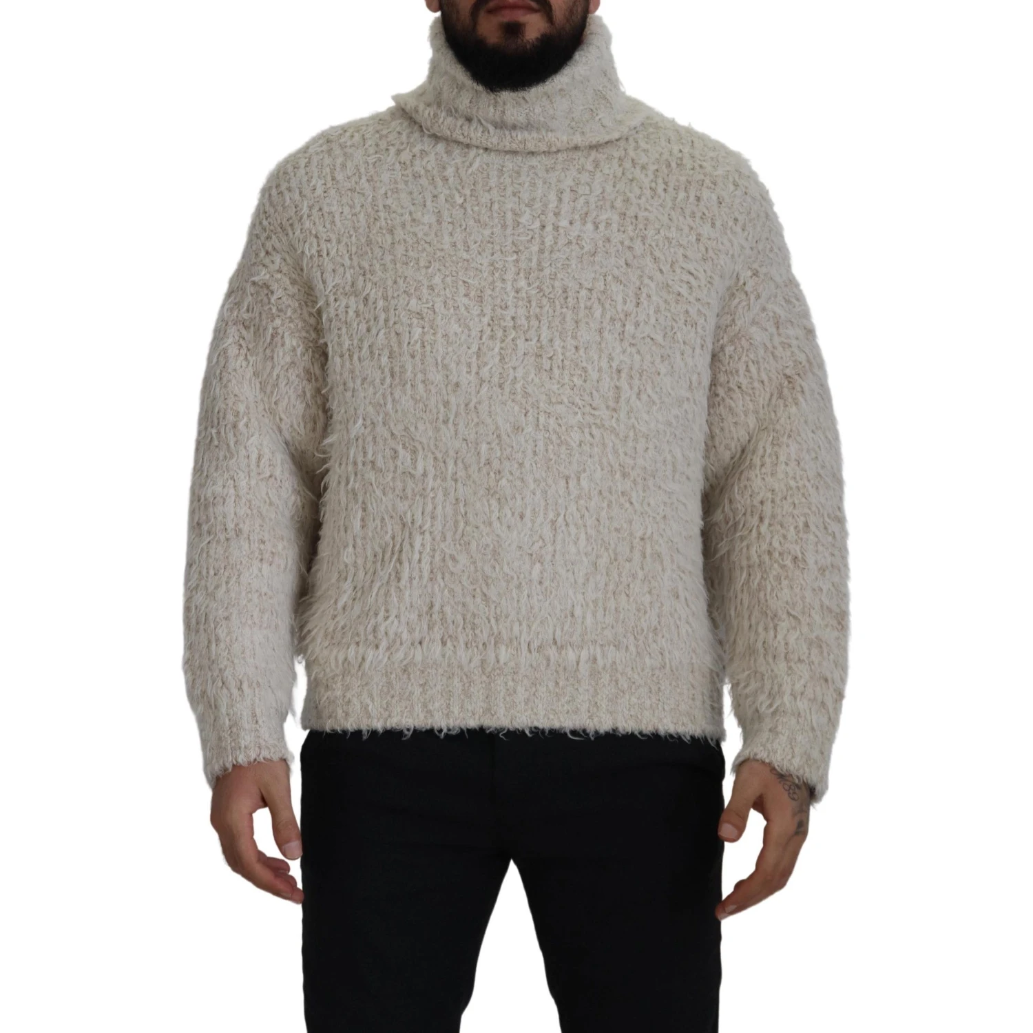 Cream Wool Knit Turtleneck Pullover Sweater