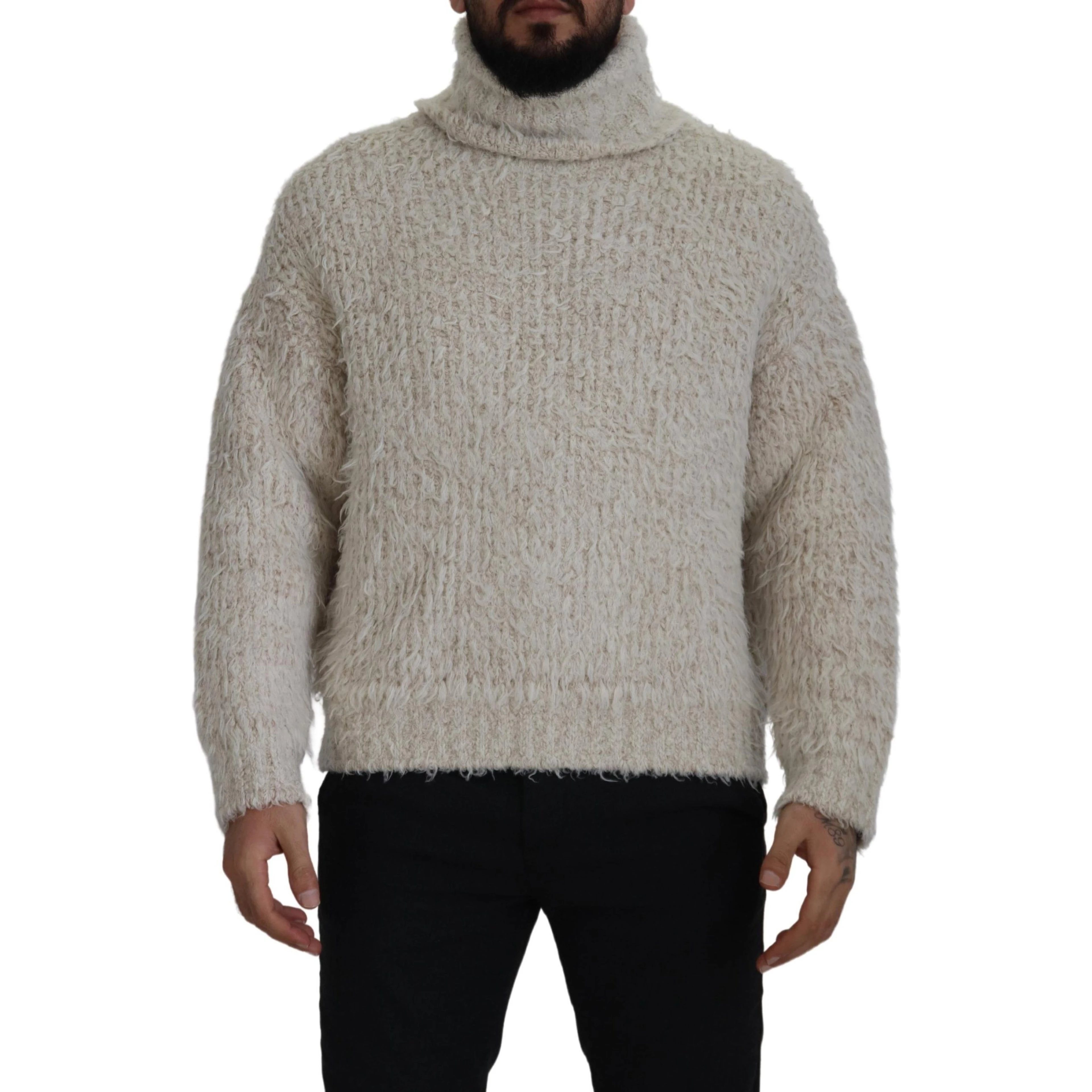 Cream Wool Knit Turtleneck Pullover Sweater