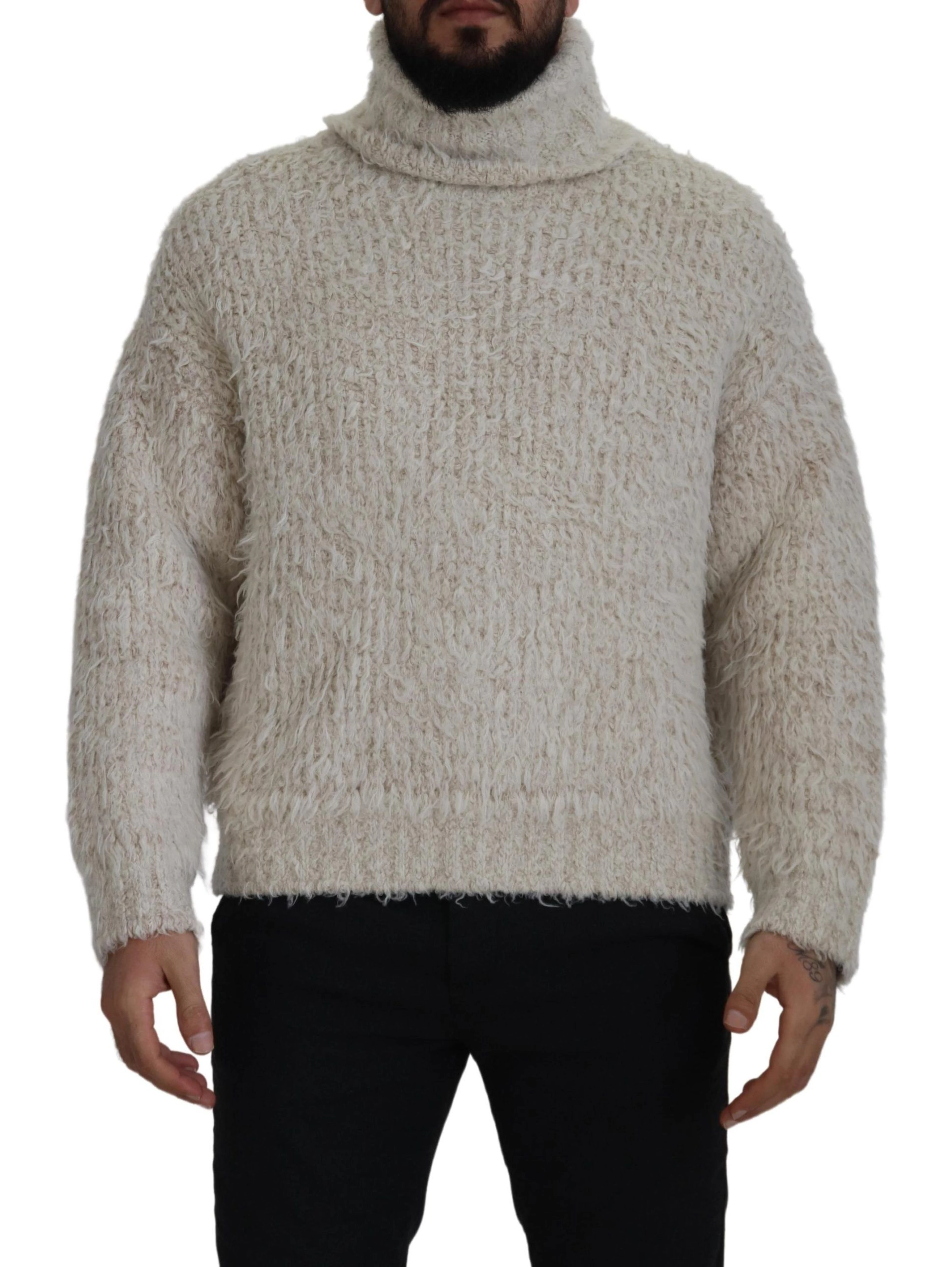 Cream Wool Knit Turtleneck Pullover Sweater