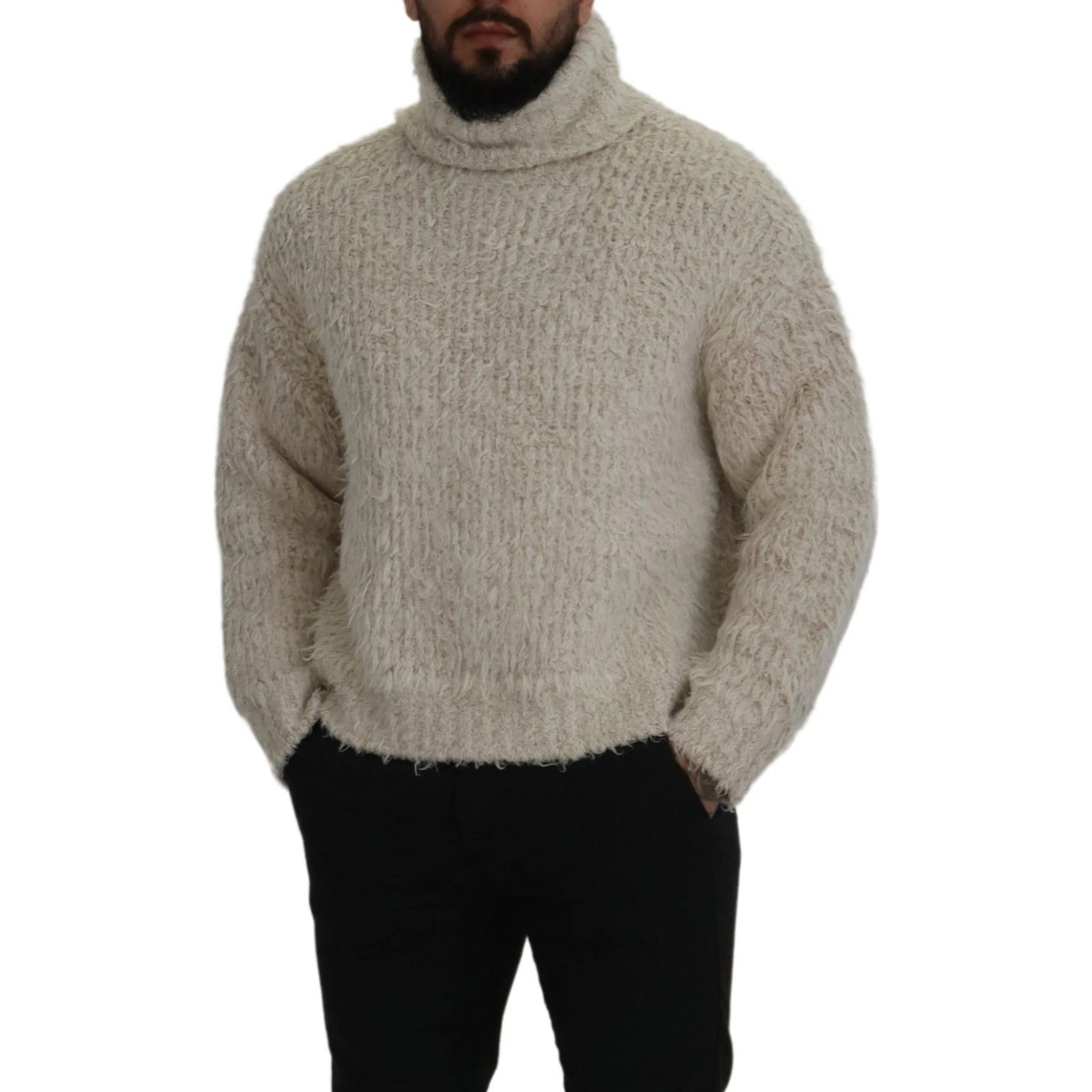 Cream Wool Knit Turtleneck Pullover Sweater