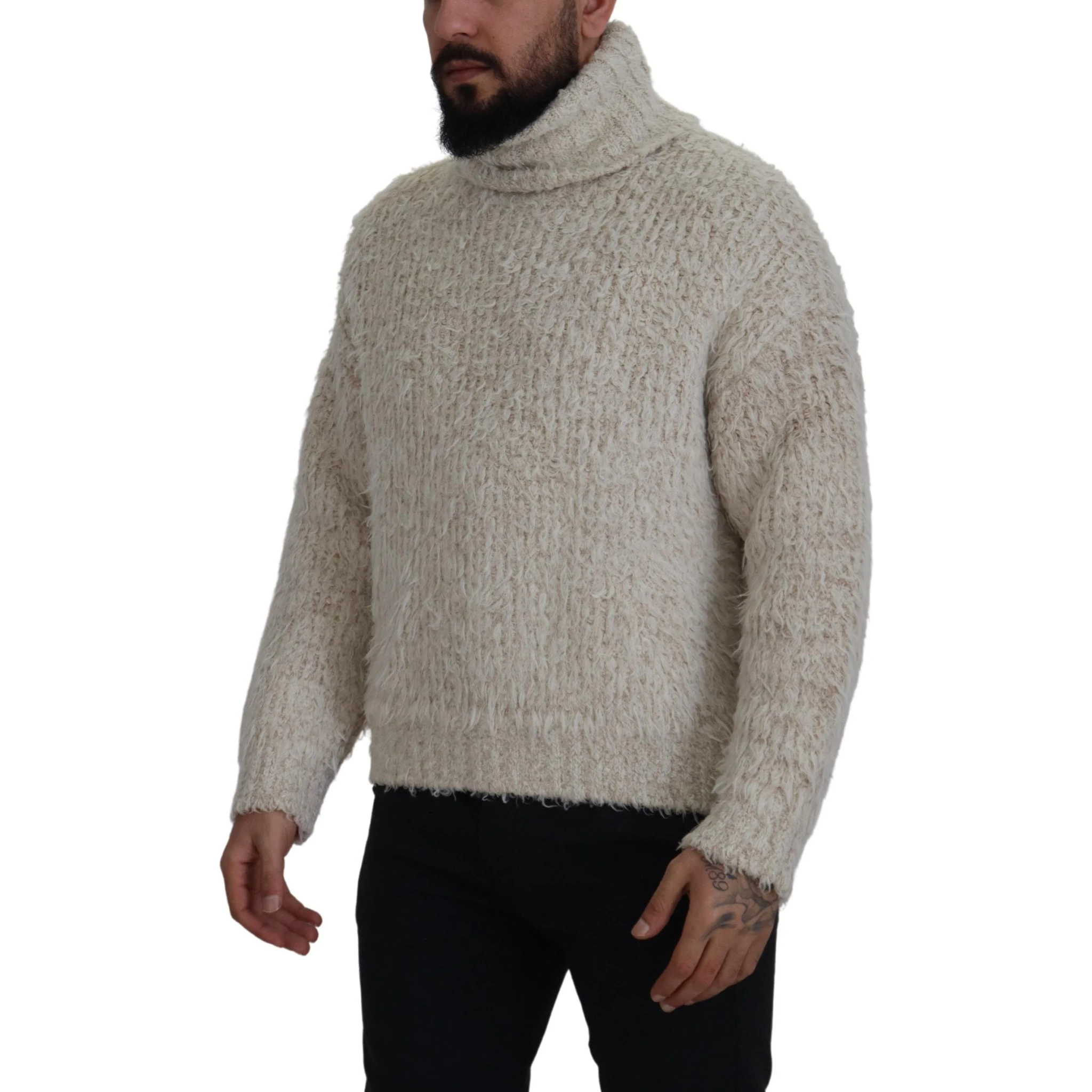 Cream Wool Knit Turtleneck Pullover Sweater