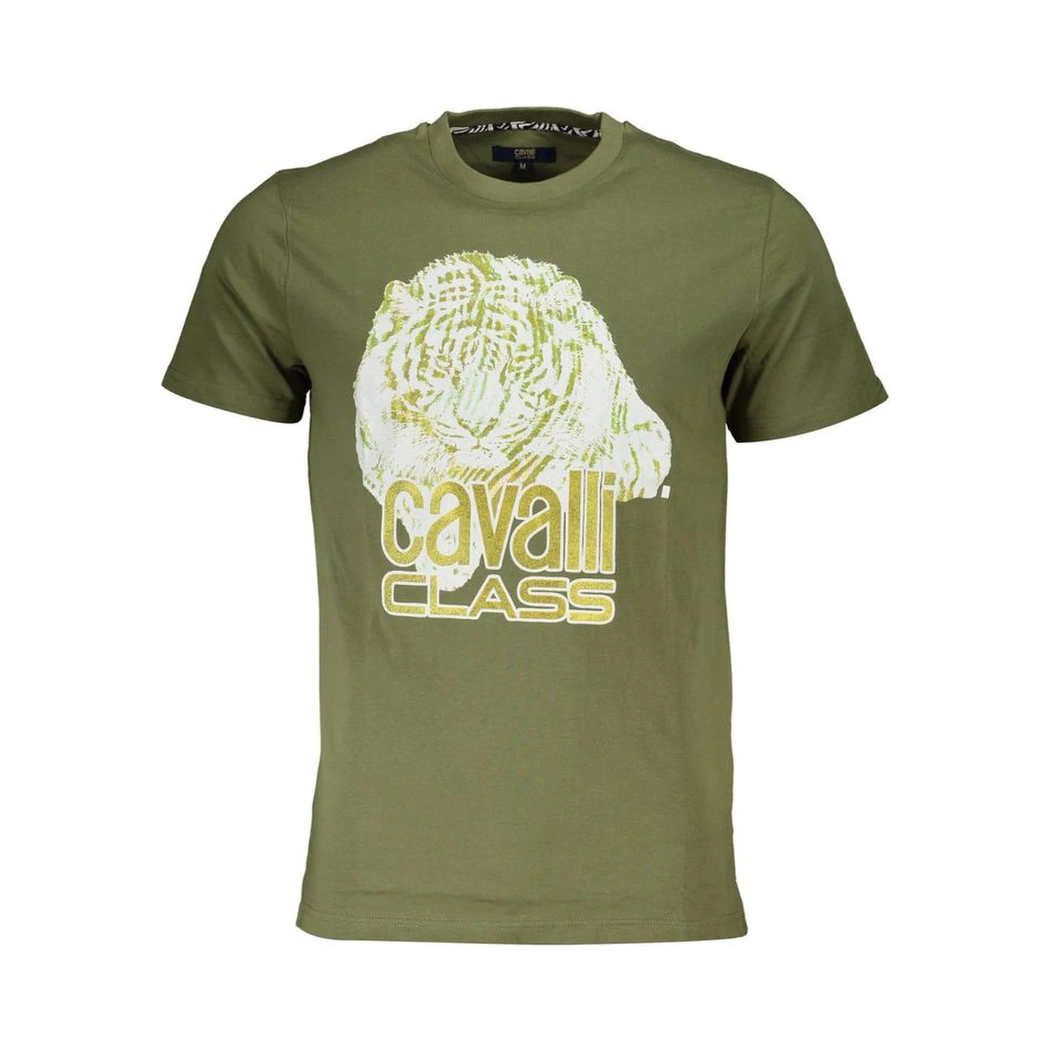 Military green cotton t-shirt with a large tiger logo print