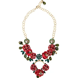 Gold Brass Link Chain RosePetal Crystal Pendant Necklace