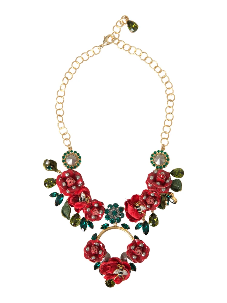 Gold Brass Link Chain RosePetal Crystal Pendant Necklace