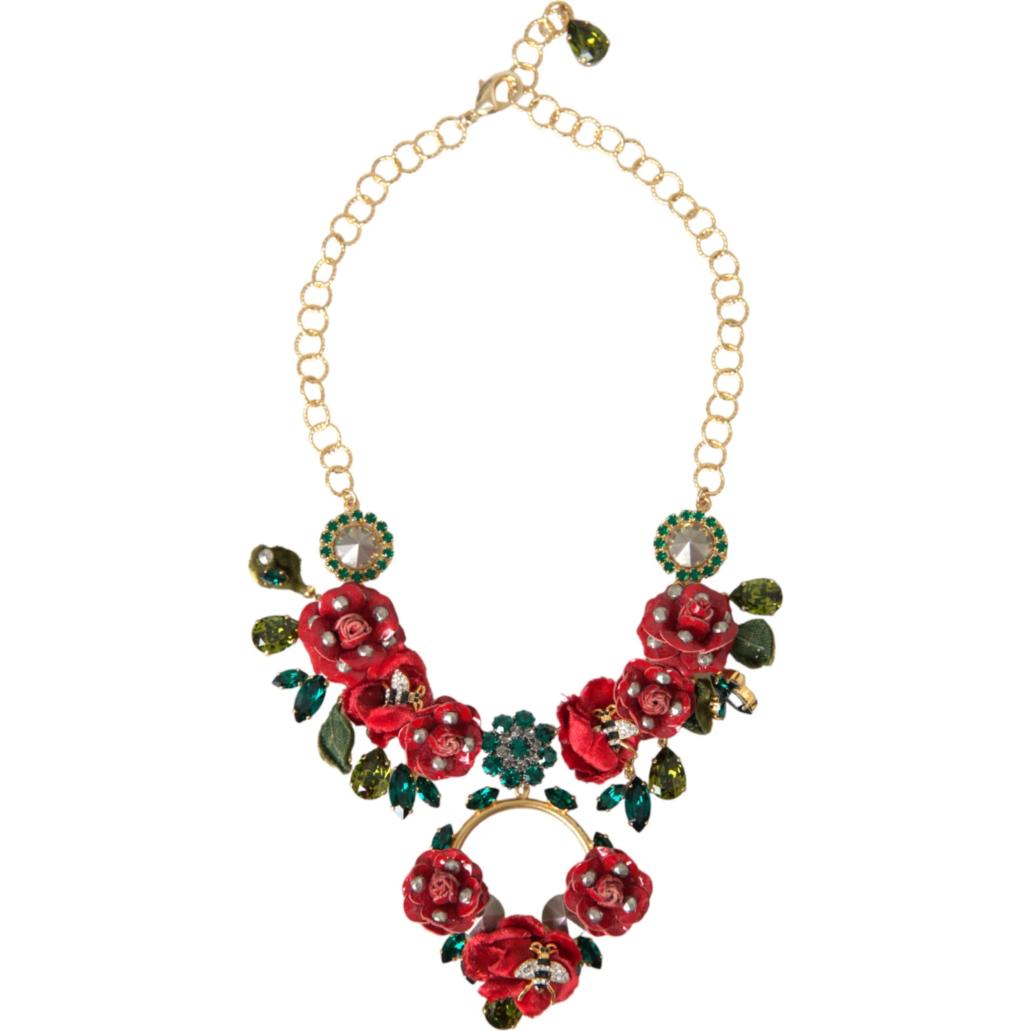 Gold Brass Link Chain RosePetal Crystal Pendant Necklace