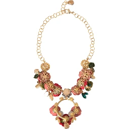 Gold Brass Link Chain RosePetal Crystal Pendant Necklace