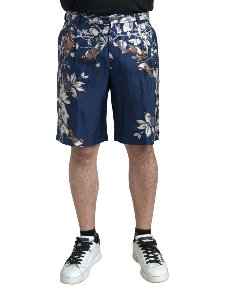 Blue Floral Print Silk Men Bermuda Shorts
