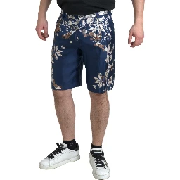 Blue Floral Print Silk Men Bermuda Shorts