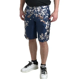 Blue Floral Print Silk Men Bermuda Shorts