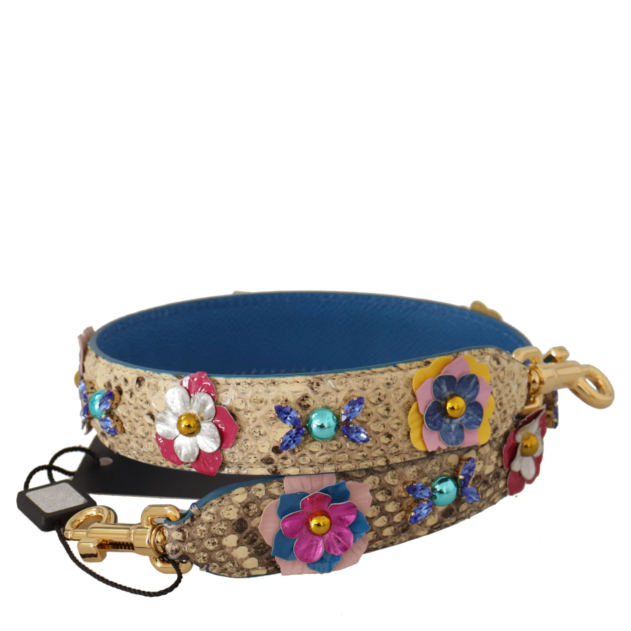 Beige Python Leather Floral Studded Shoulder Strap