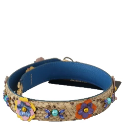 Beige Python Leather Floral Studded Shoulder Strap