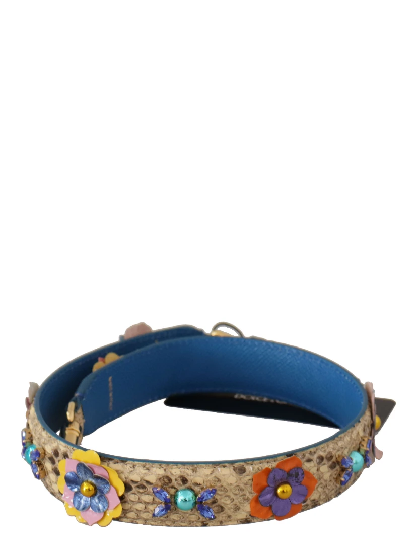 Beige Python Leather Floral Studded Shoulder Strap
