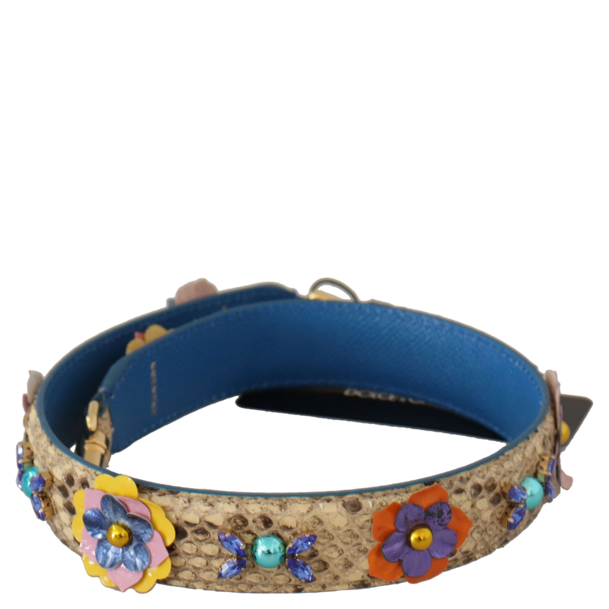 Beige Python Leather Floral Studded Shoulder Strap