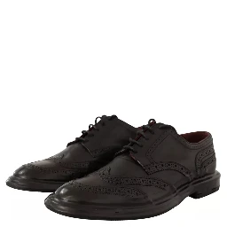 Black Perforated Leather Lace Up Derby Shoes