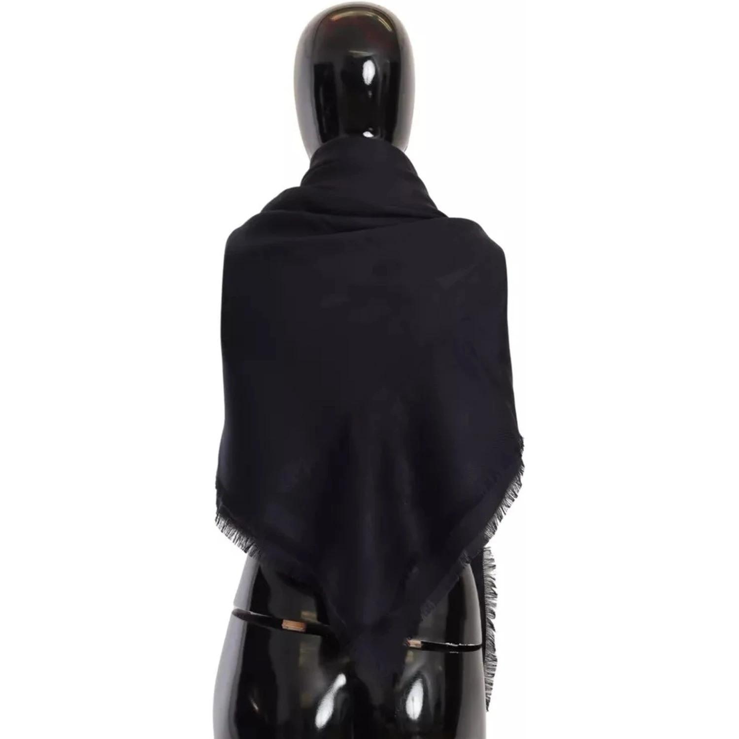 Black Solid Silk Wool Fringe Wrap Scarf