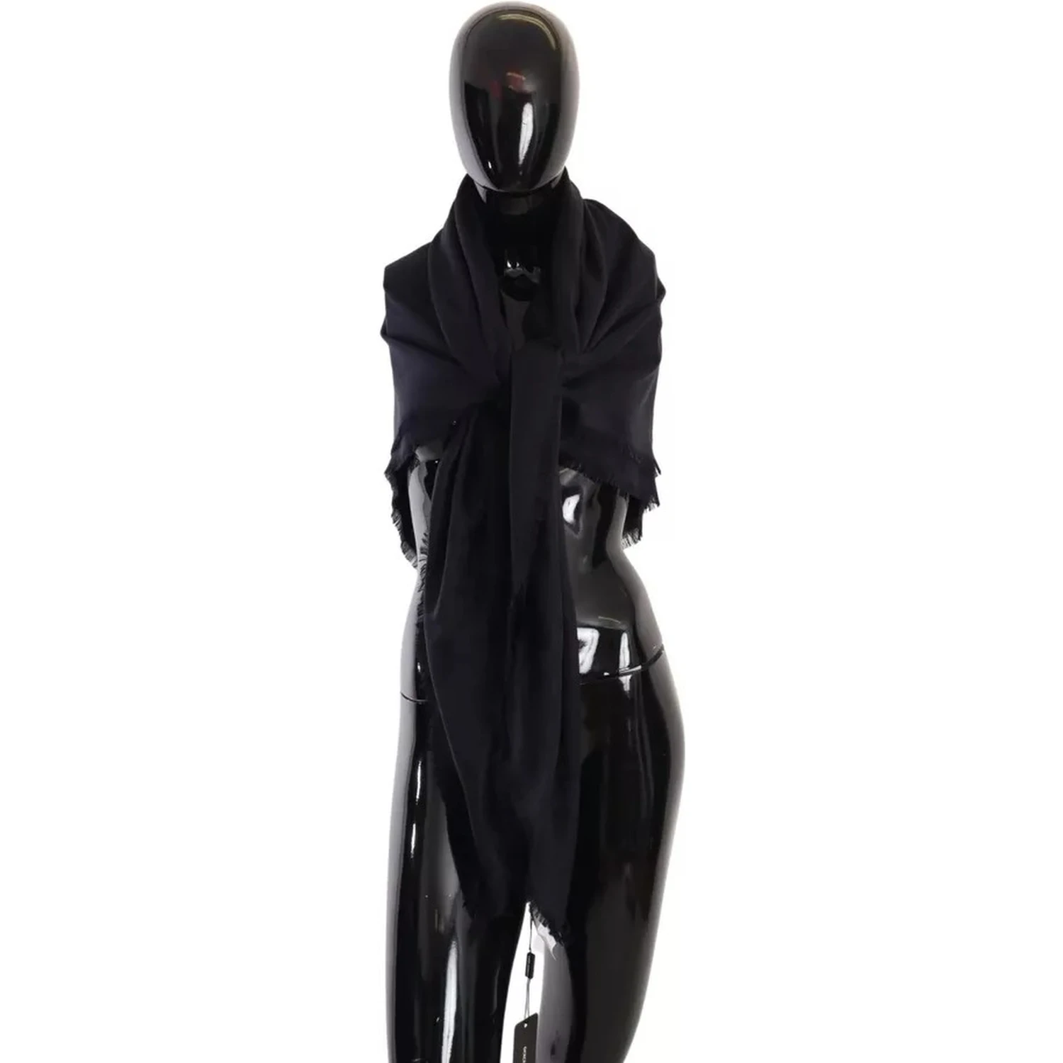 Black Solid Silk Wool Fringe Wrap Scarf