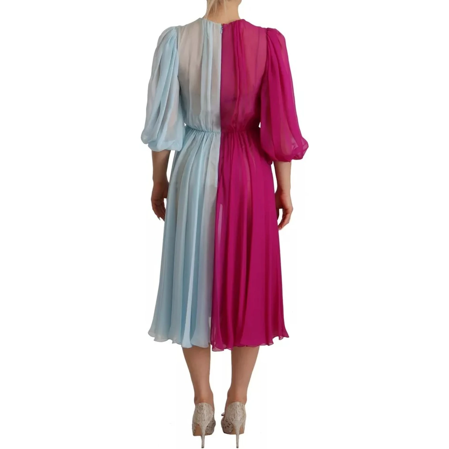 Fuchsia Light Blue Silk Two Tone Midi Dress