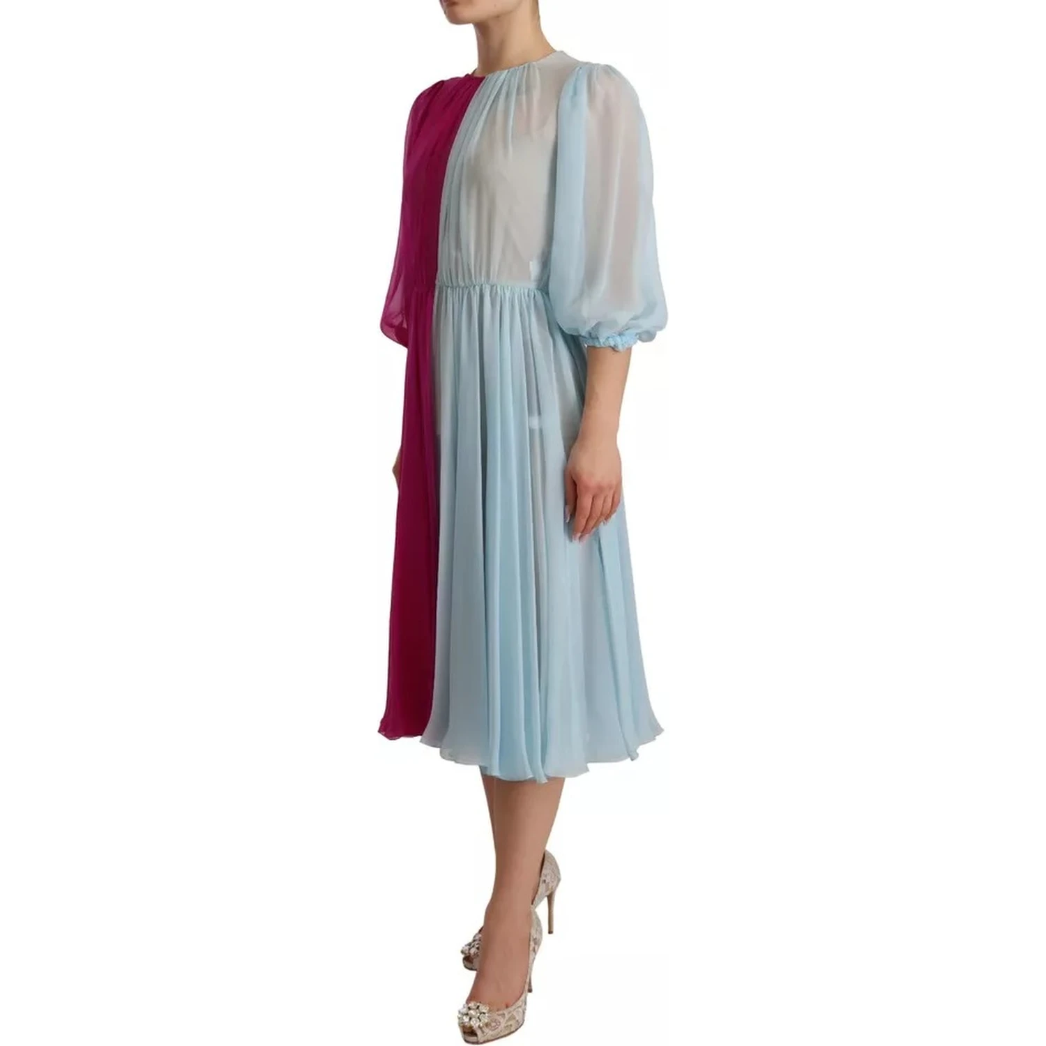 Fuchsia Light Blue Silk Two Tone Midi Dress