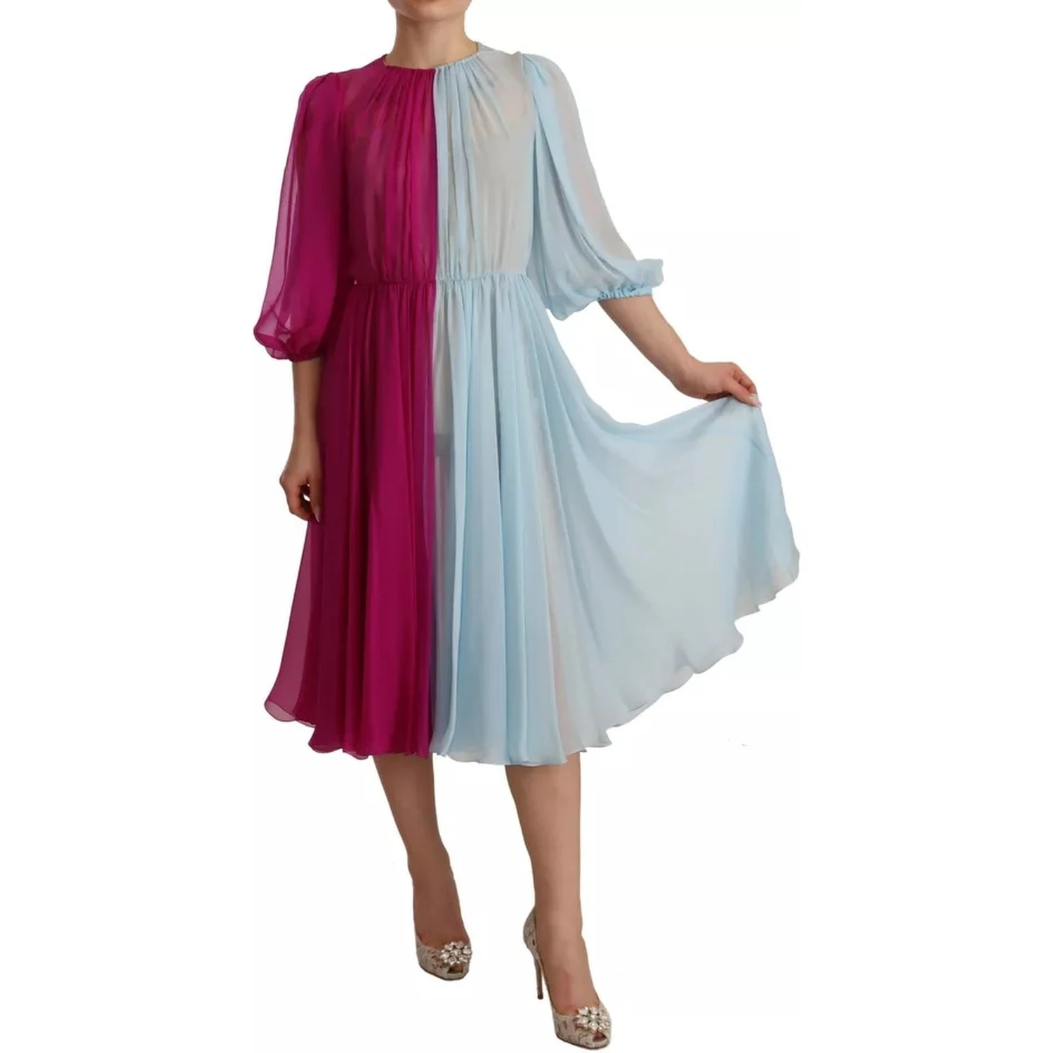 Fuchsia Light Blue Silk Two Tone Midi Dress