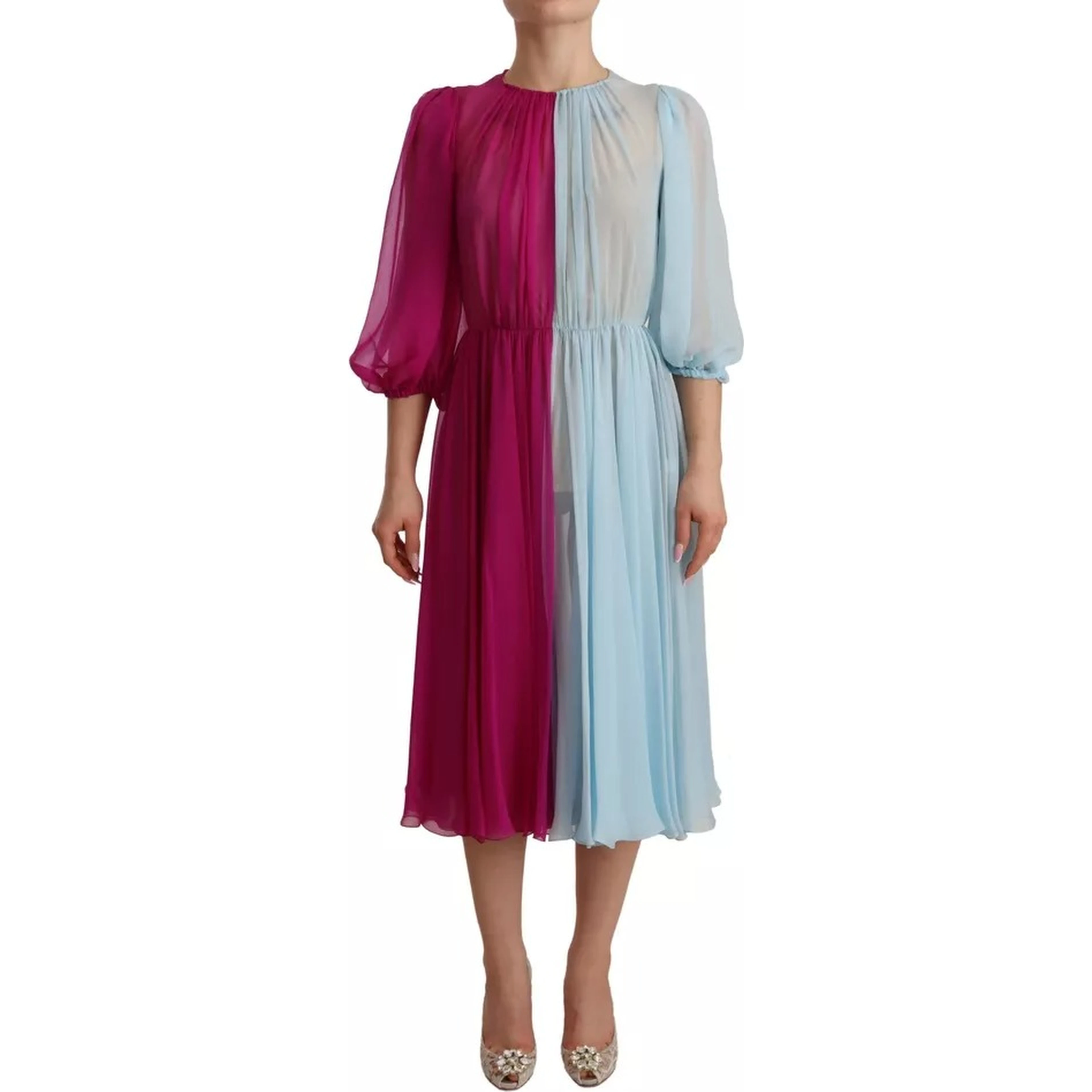Fuchsia Light Blue Silk Two Tone Midi Dress