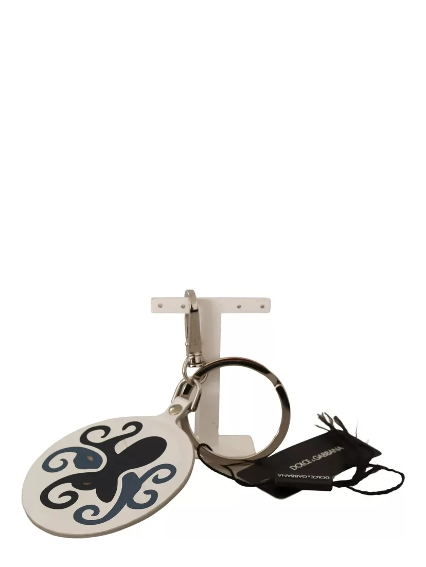 White Leather Printed Metal Silver Tone Keyring Keychain