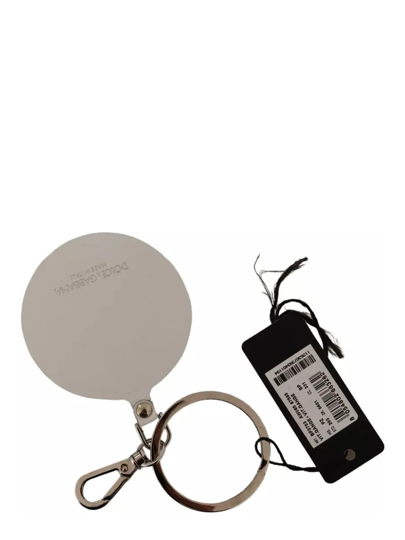 White Leather Printed Metal Silver Tone Keyring Keychain