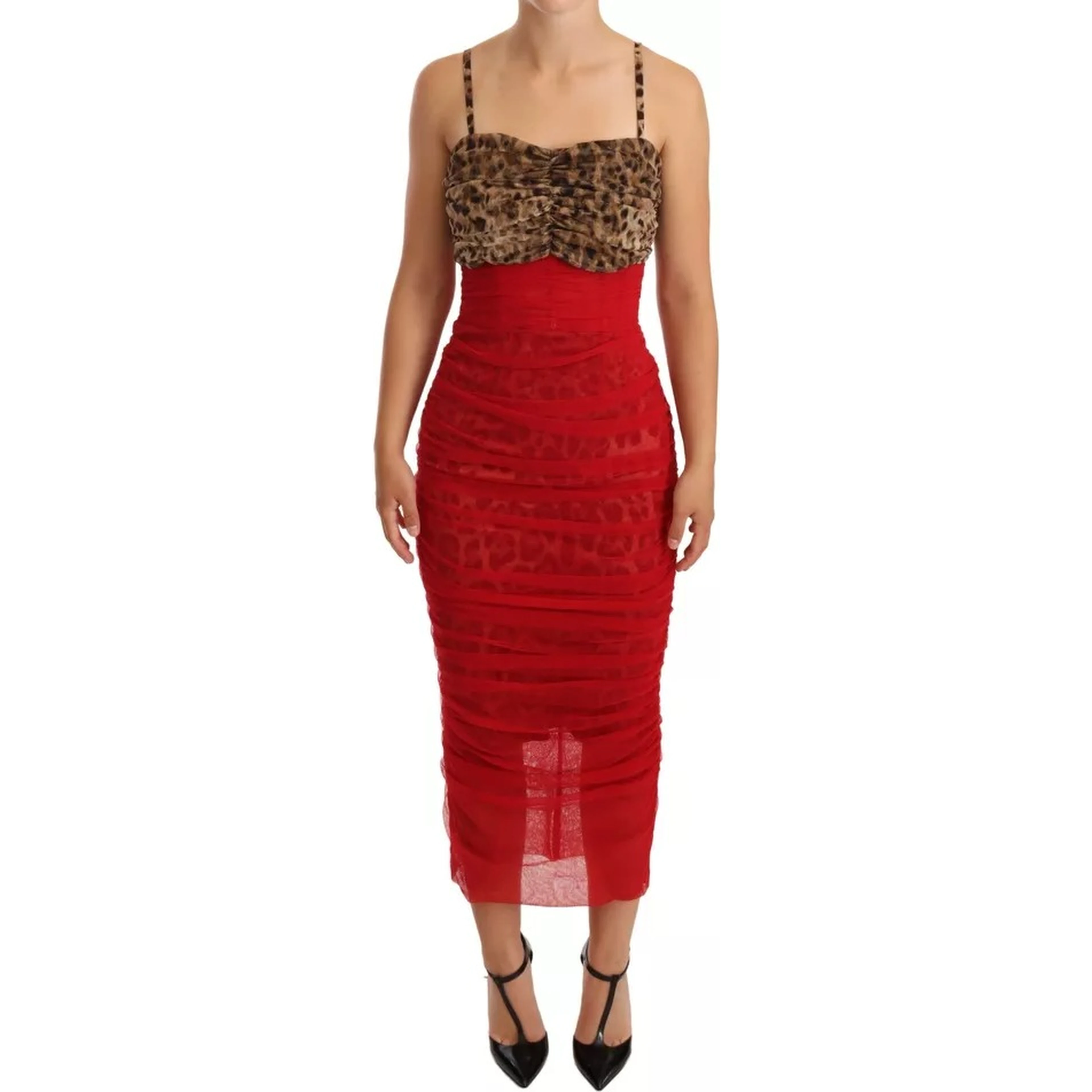 Brown Leopard Red Tulle Sheath Midi Dress