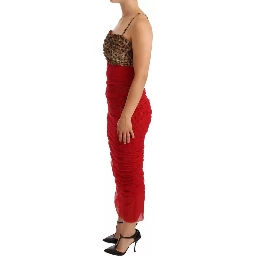 Brown Leopard Red Tulle Sheath Midi Dress