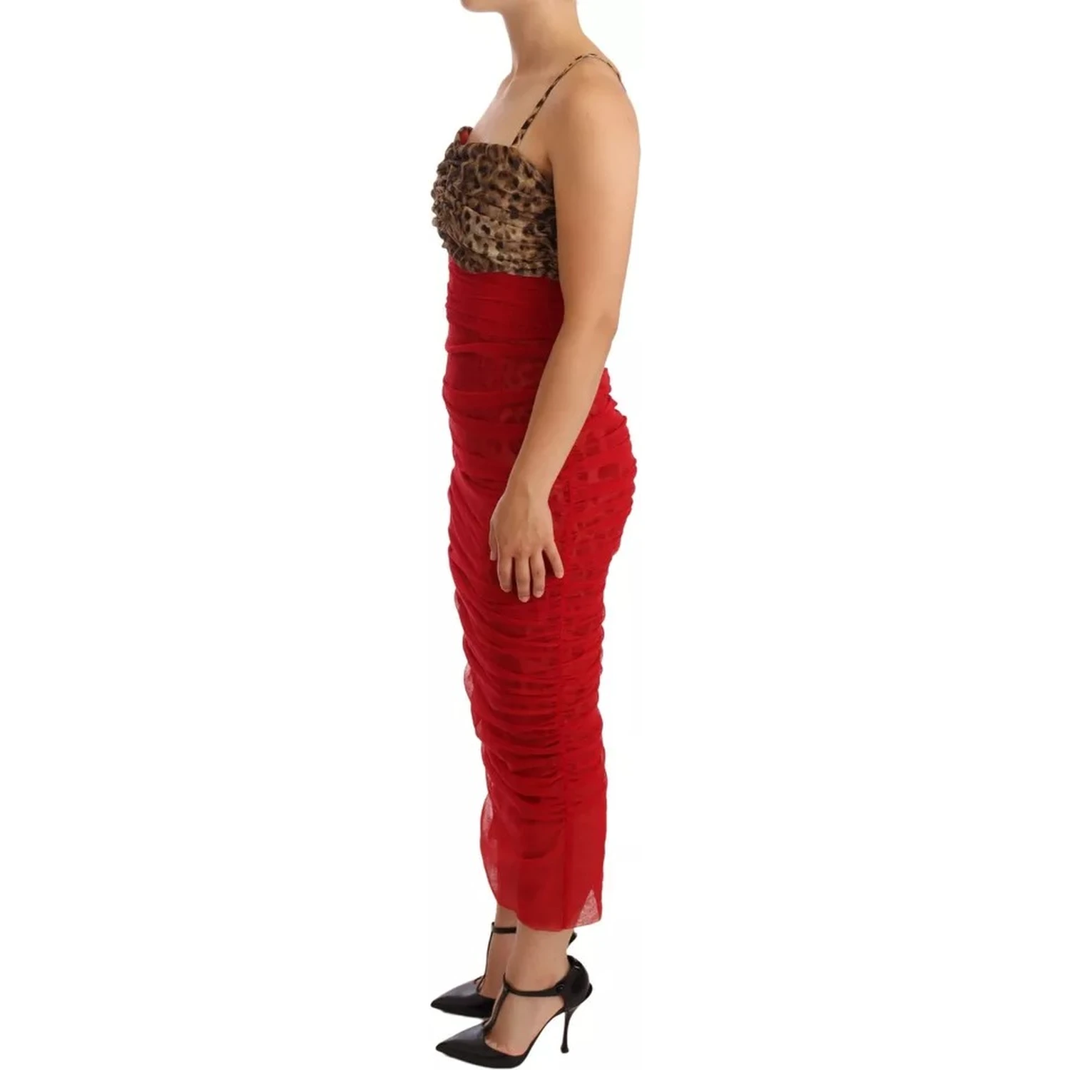 Brown Leopard Red Tulle Sheath Midi Dress