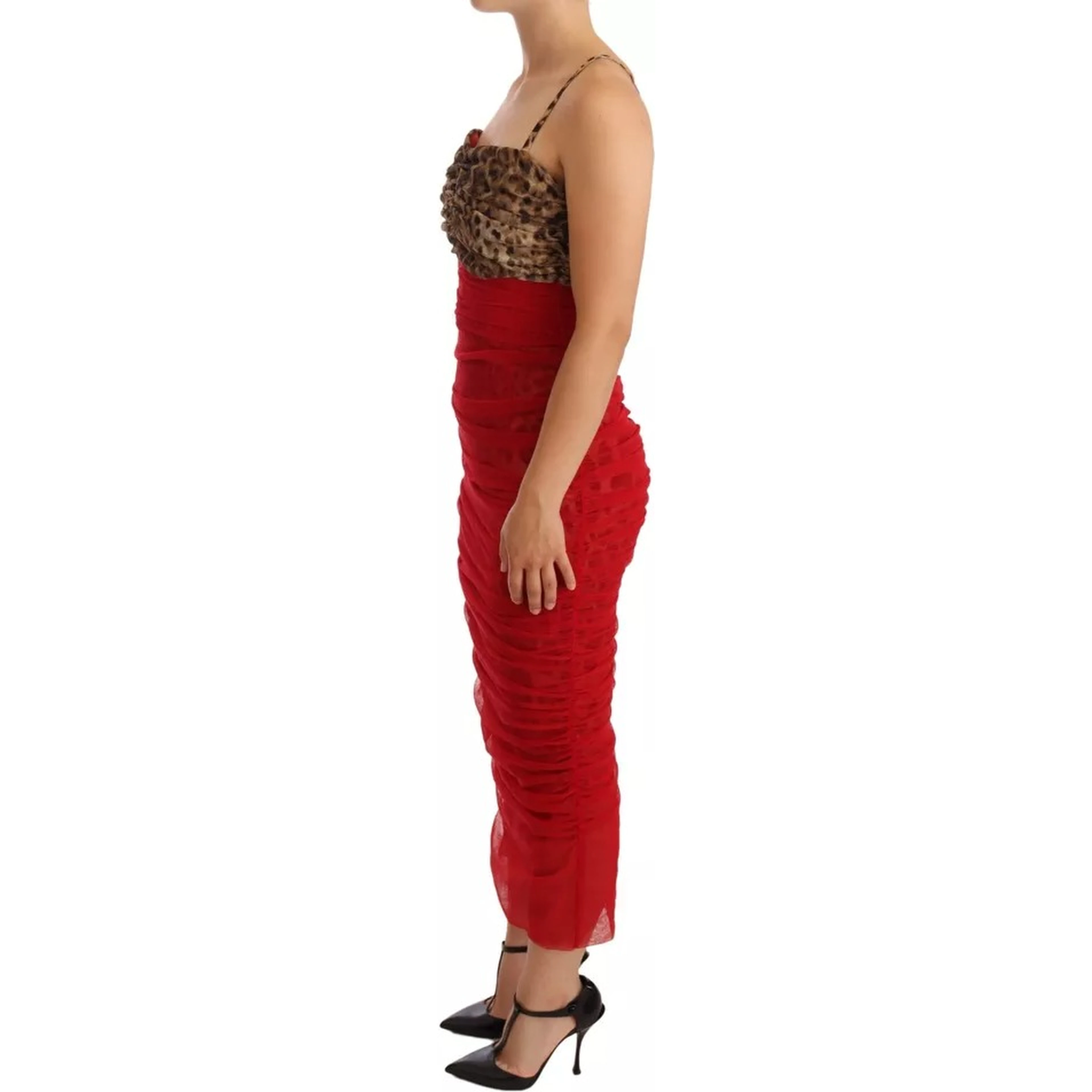 Brown Leopard Red Tulle Sheath Midi Dress