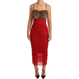 Brown Leopard Red Tulle Sheath Midi Dress