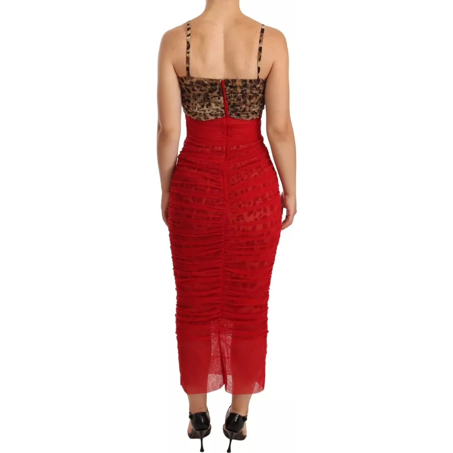 Brown Leopard Red Tulle Sheath Midi Dress