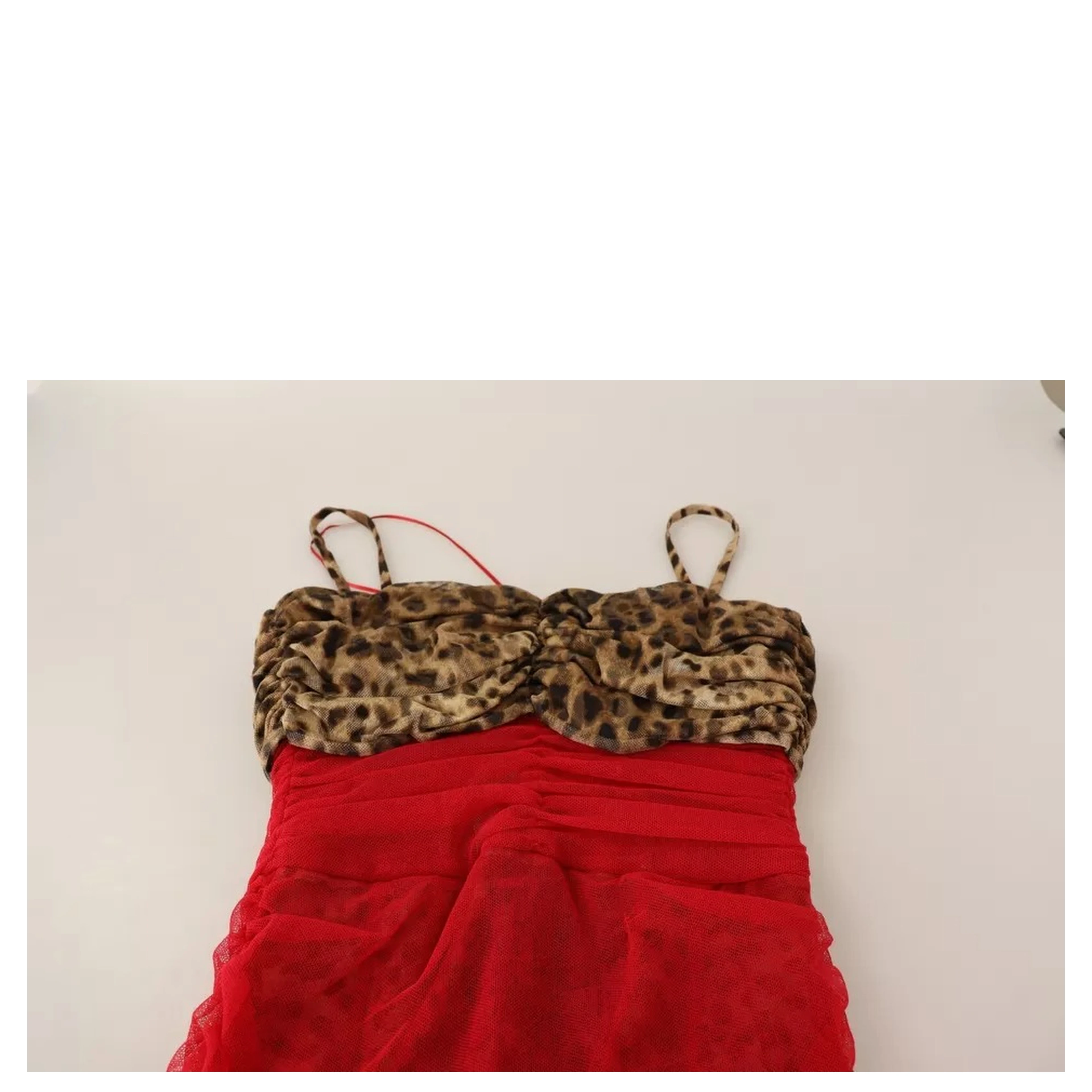 Brown Leopard Red Tulle Sheath Midi Dress