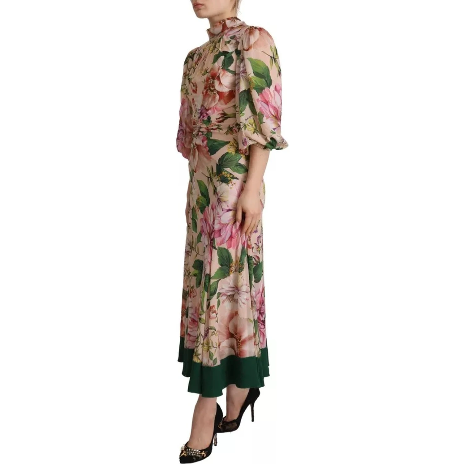 Pink A-line Sheath Floral Pussy Bow Long Dress