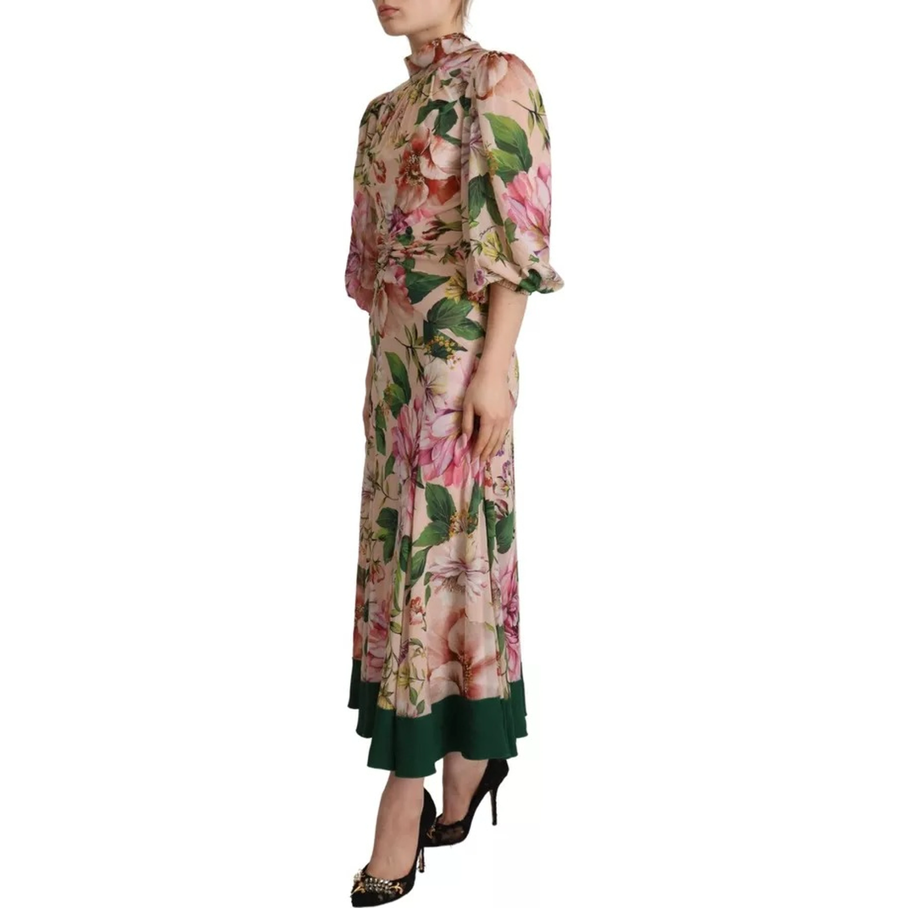 Pink A-line Sheath Floral Pussy Bow Long Dress