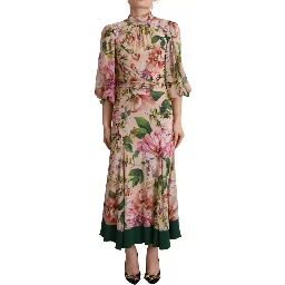 Pink A-line Sheath Floral Pussy Bow Long Dress