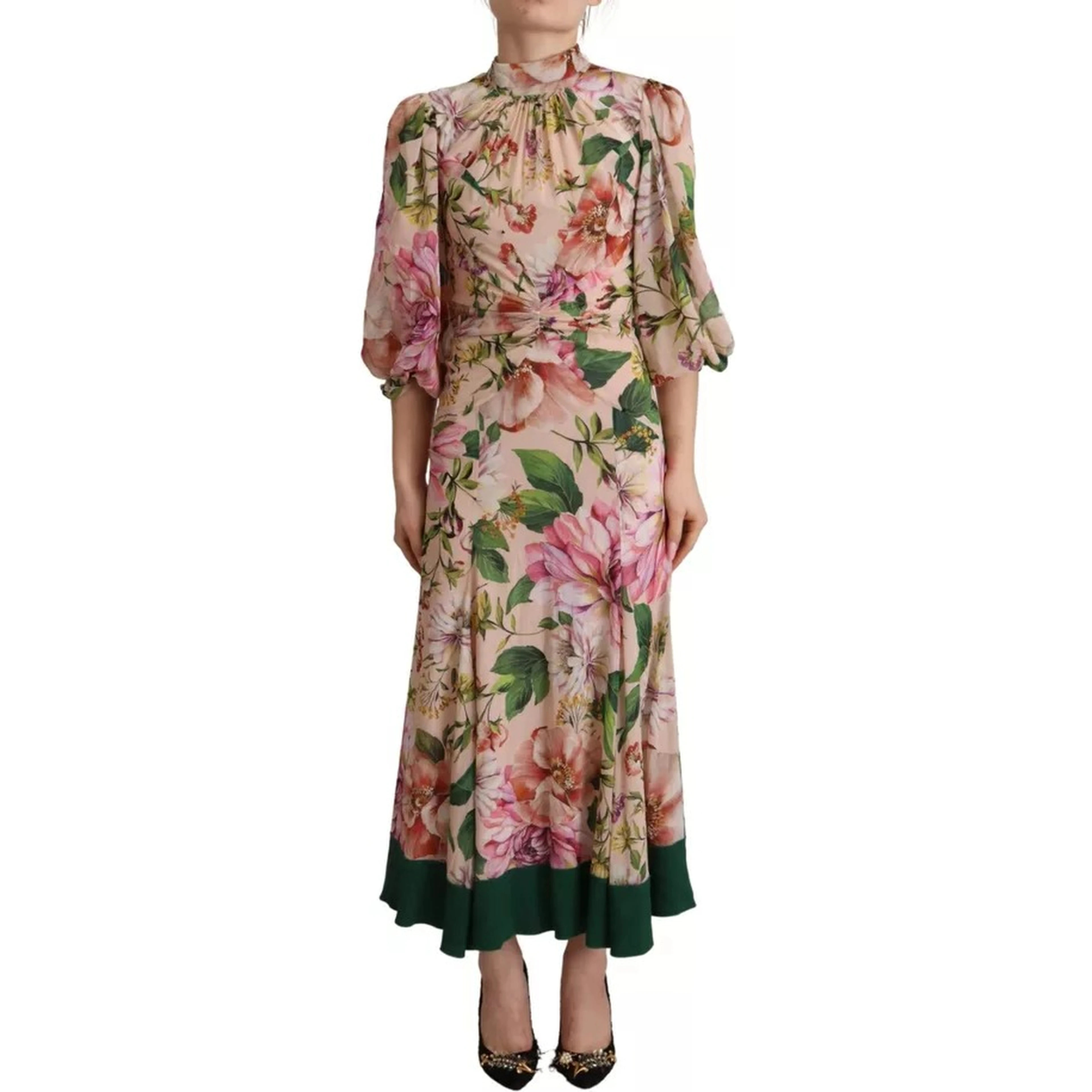 Pink A-line Sheath Floral Pussy Bow Long Dress
