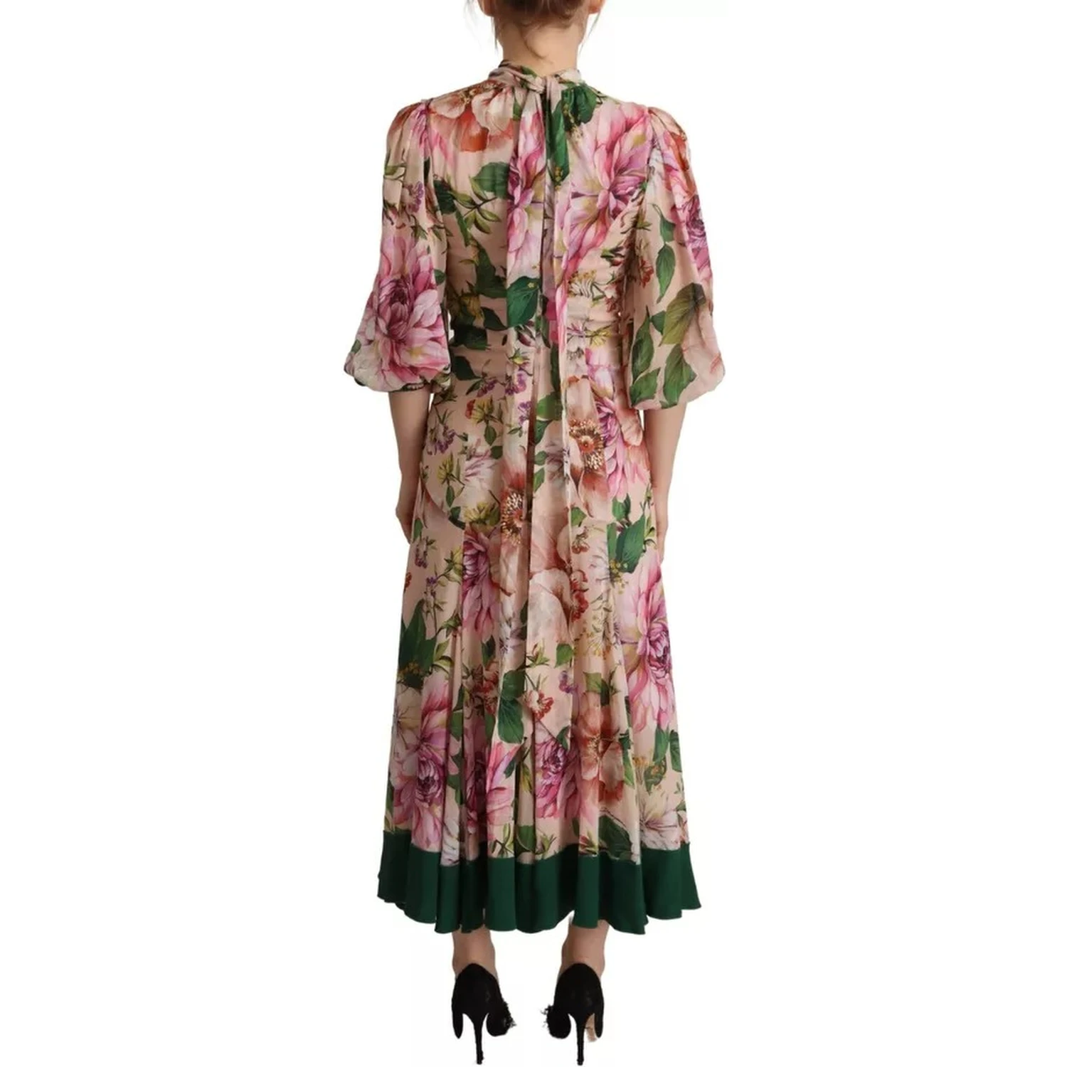 Pink A-line Sheath Floral Pussy Bow Long Dress