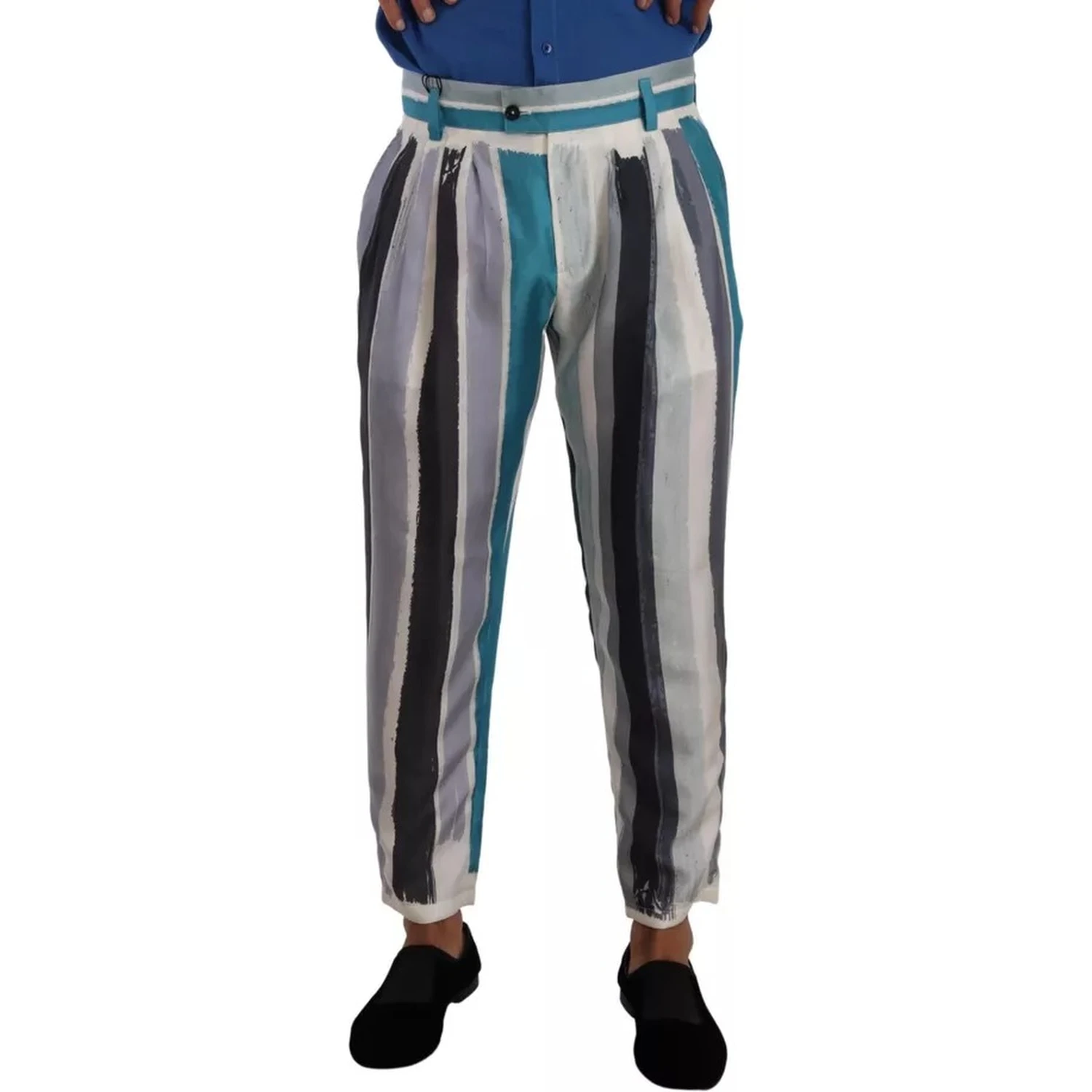 Blue Striped Silk Tapered Pants