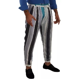 Blue Striped Silk Tapered Pants