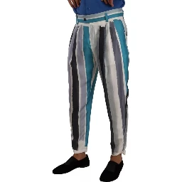 Blue Striped Silk Tapered Pants